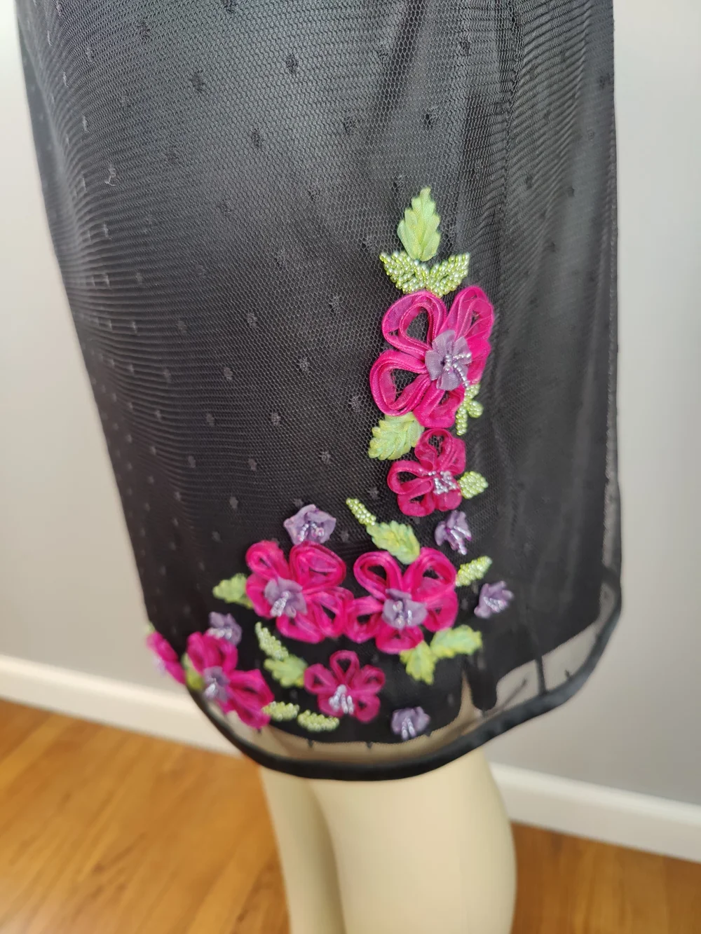 Betsey Johnson Y2K Goth Black Halter Sheath Dress with Pink Floral Embroidery